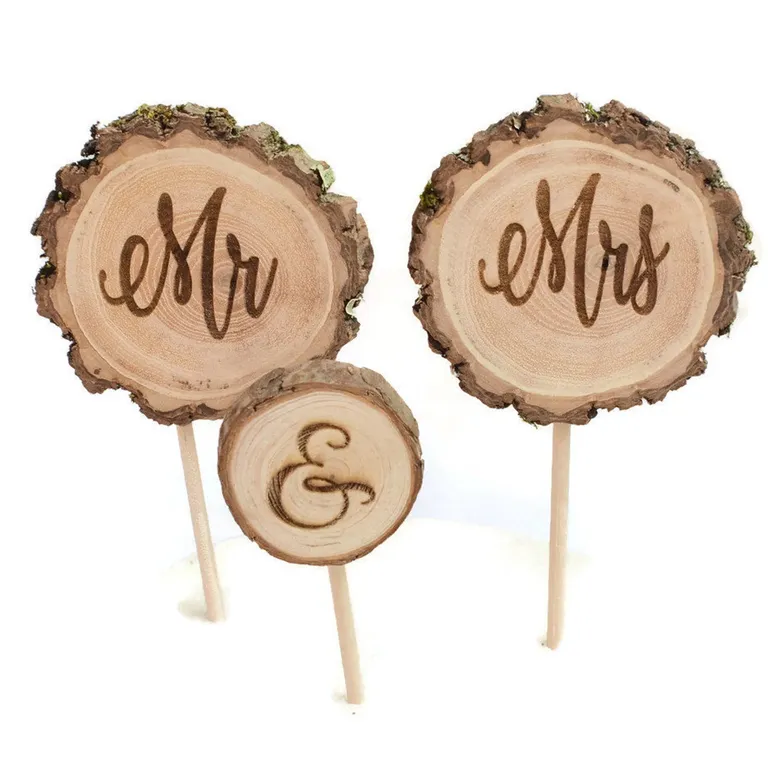 Calligraphy Engraved Mr and Mrs Rustic wood bridal shower cake topper 
