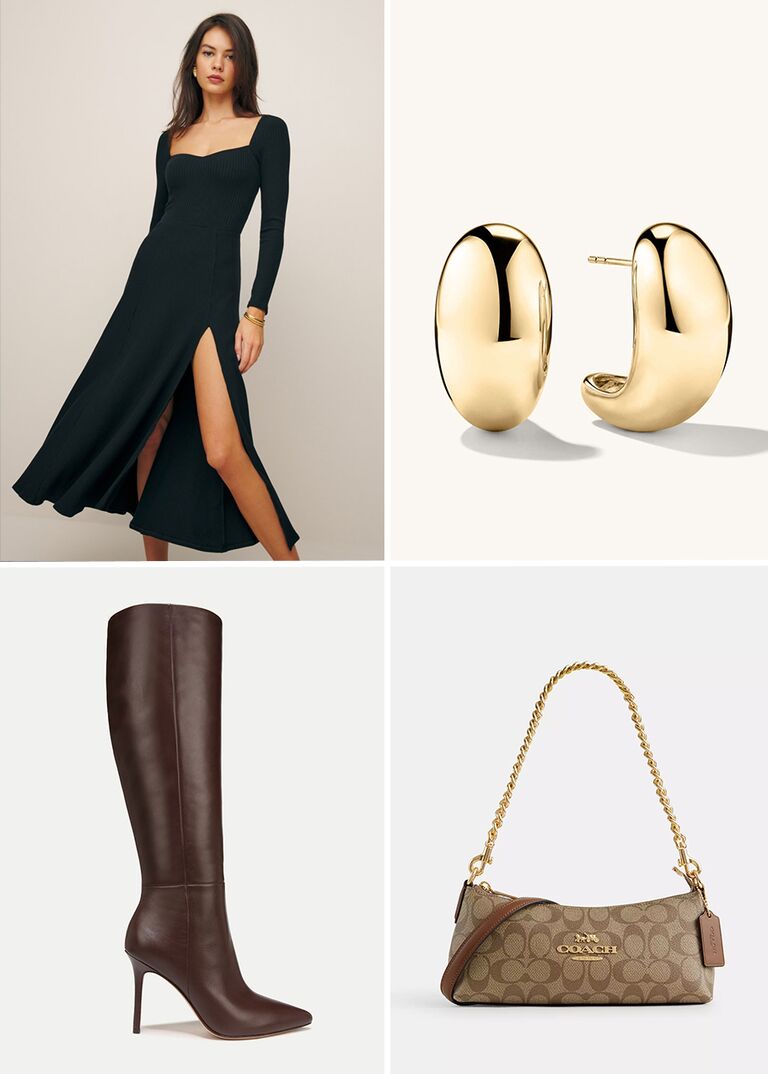 Trendy winter engagement photo outfit: black dress, gold hoop earrings, brown boots, Coach bag