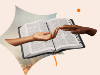 Collage of open bible and couple touching hands