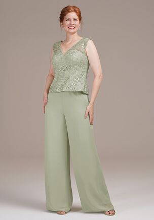 This chic three-piece jumpsuit features a sleeveless V-neck lace top and a floor-length silhouette, complemented by a sheer chiffon coat with long sleeves. The ensemble balances modern lines with classic elegance, perfect for a statement-making appearance.