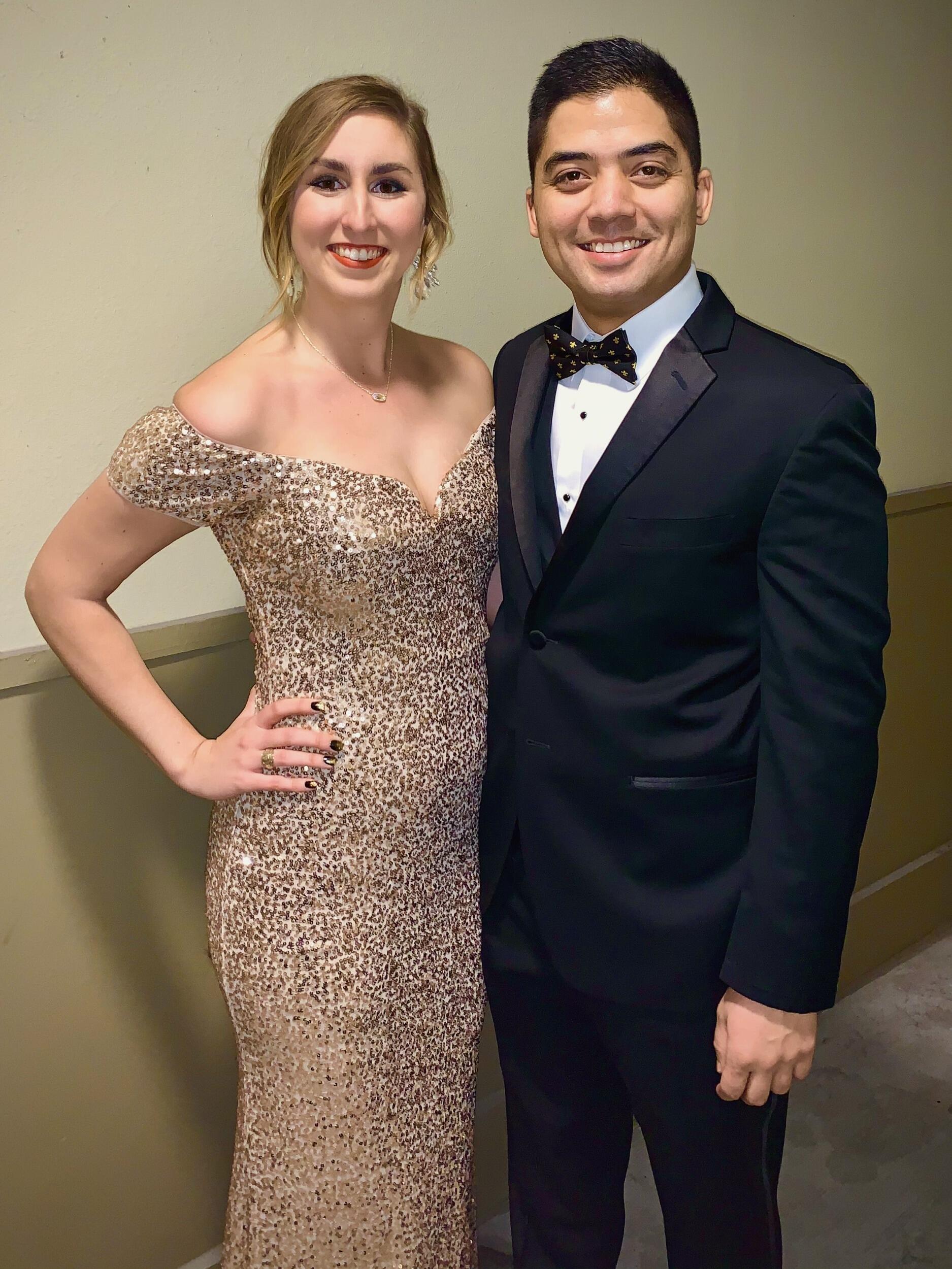 The first Mardi Gras ball together. 
Fun fact: Brian was working night shifts at the refinery for the first three months of 2020. His schedule was 13 nights on, one off...on repeat for 90 days. He missed out on all of the Mardi Gras parades/activities that year, but his one night off happened to line up with this ball! We rented some fancy outfits and had the best time. 