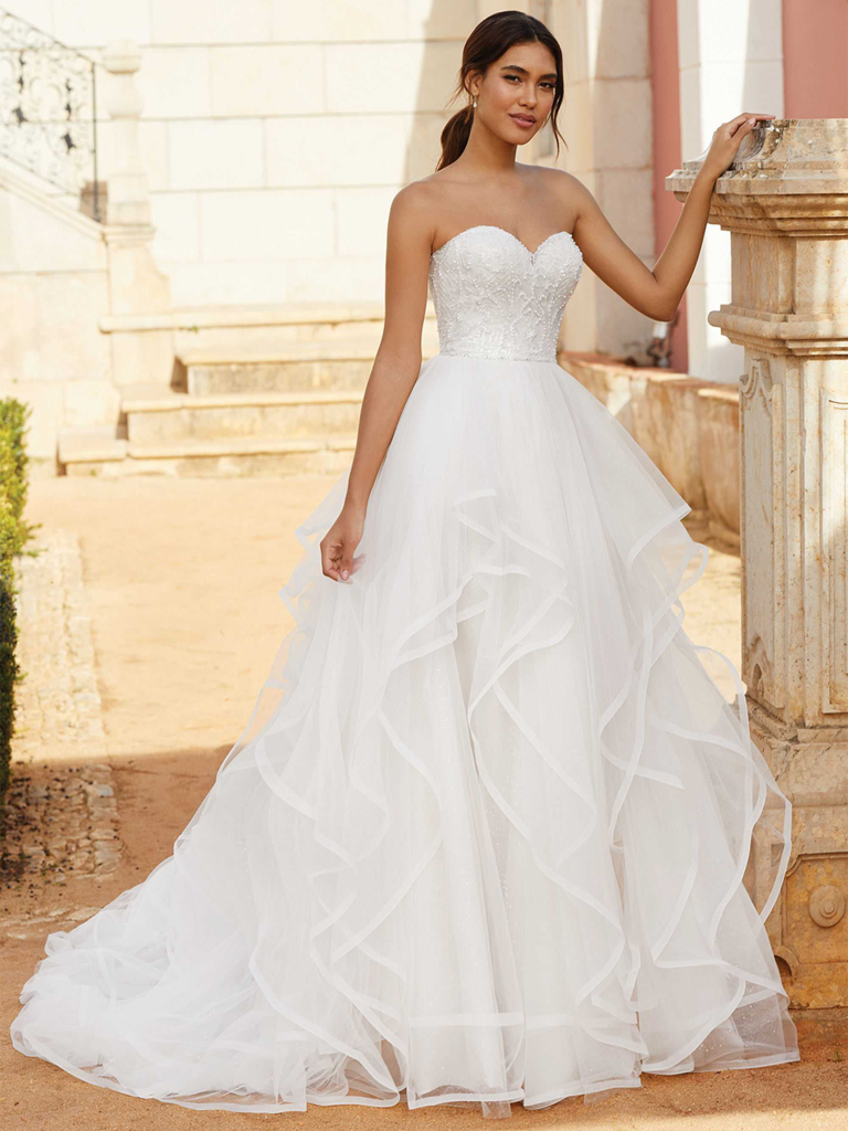Strapless sweetheart beaded bodice with tulle ruffle skirt