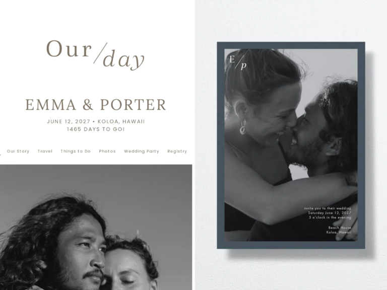 minimalist black and white wedding website with matching photo wedding invitations