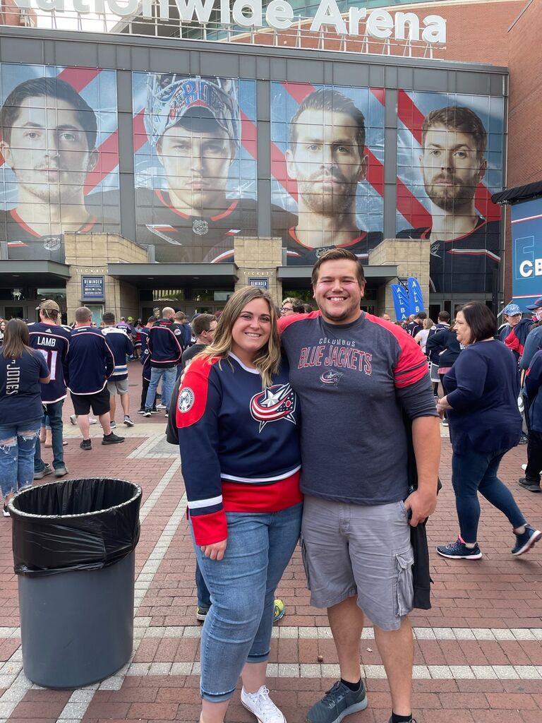 Opening night of the Columbus Blue Jackets. Megan bought glass seats for Jordan for an early birthday present. 