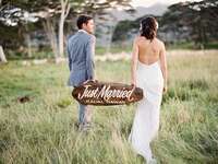 Hawaii couple holding just married sign