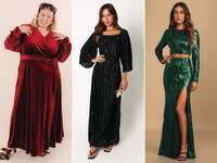 Collage of three winter wedding guest dresses