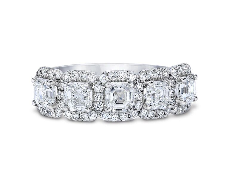 royal asscher five stone asscher cut engagement ring with five diamond center stones five round diamond halos and plain white gold band