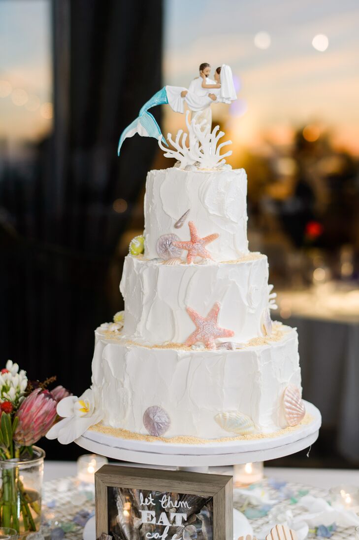 Beach Themed Wedding Cake With Mermaid Cake Topper