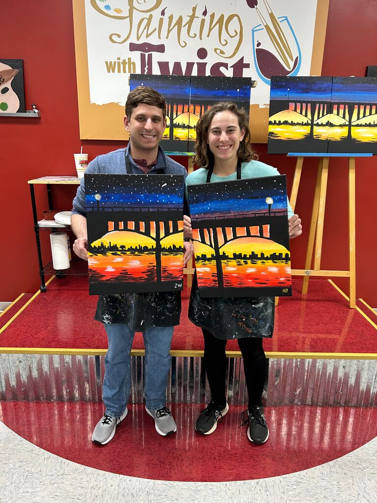 We are also artists. Their joint painting, "Sunset Bridge," adorns their bathroom wall. 