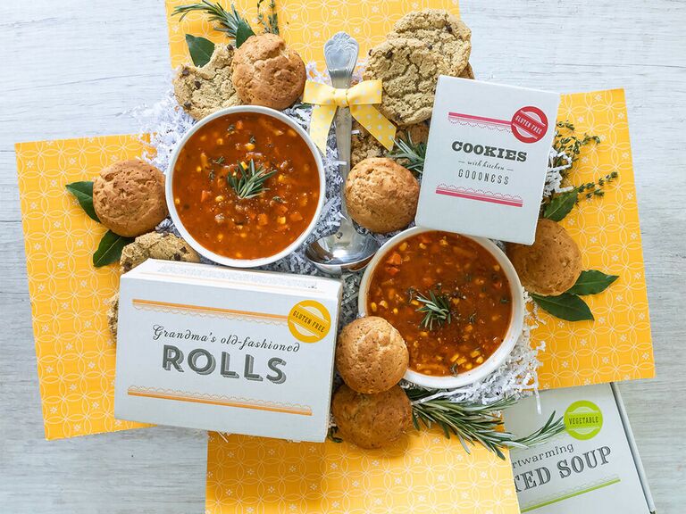 Vegan gourmet meal kit with rolls, soup and cookies