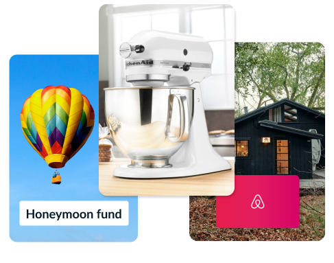 A colorful hot air balloon ride honeymoon fund, a white stand mixer and an Airbnb gift card.
