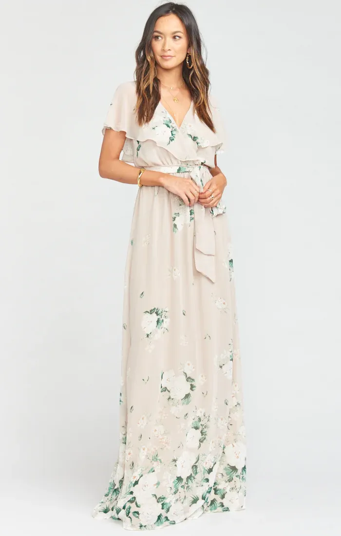 green and white floral print maxi dress with ruffle sleeves