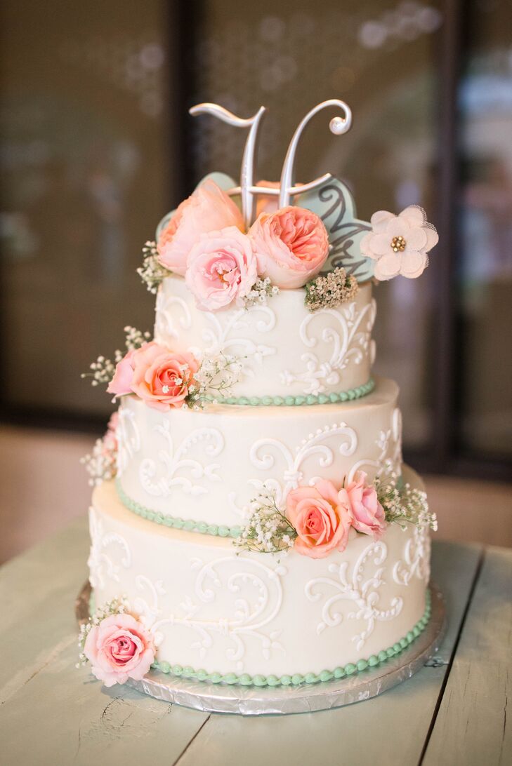 Three Tier Vintage Inspired Wedding Cake with Intricate Piping and