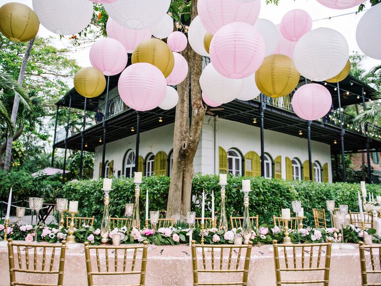 Wedding venue decorated with lanterns, tables adorned with candles