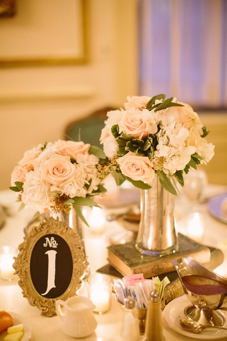 Rose And Hydrangea Flower Arrangements Book And Chalkboard Accents