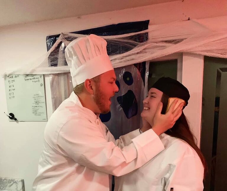 This costume was John's idea: an idiot sandwich.
