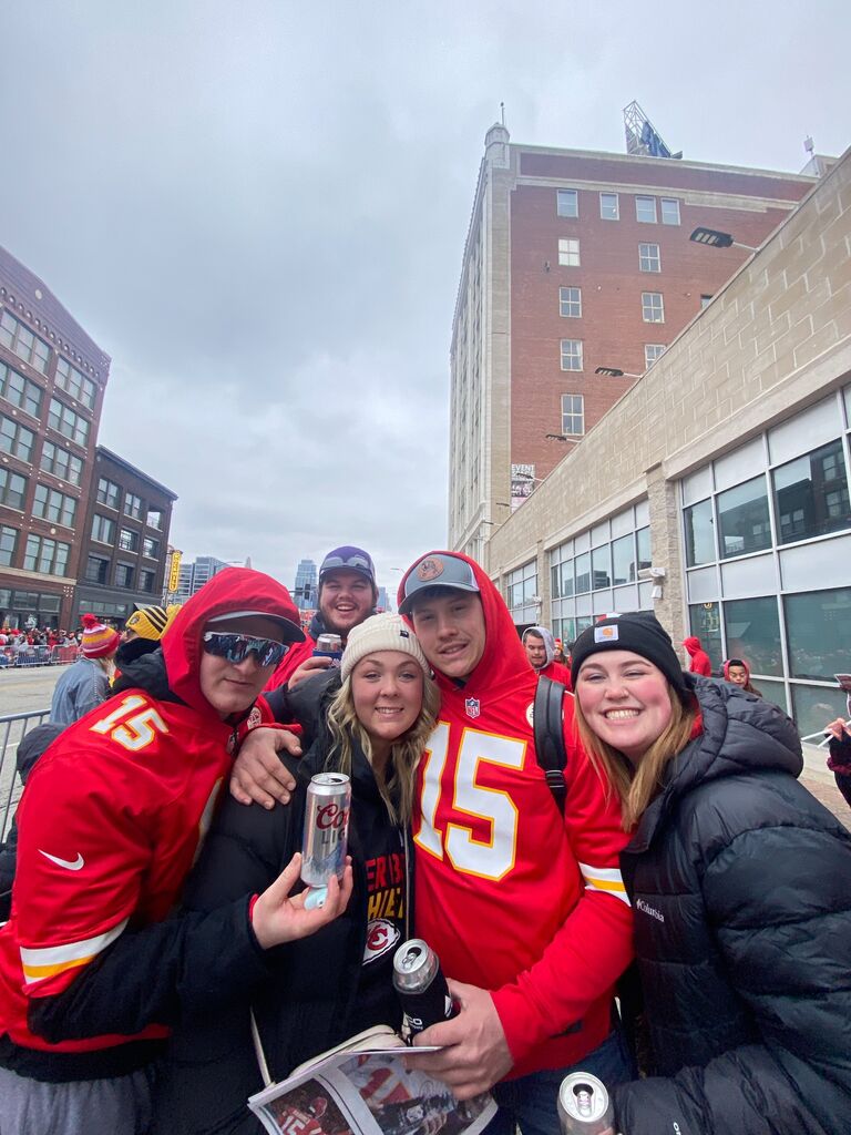 Madeline and Evan joining the rest of Red Kingdom to celebrate the Chiefs' victory at the Super Bowl parade in Kansas City.
