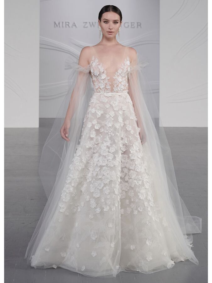 Mira Zwillinger sleeveless A-line wedding dress with 3D florals