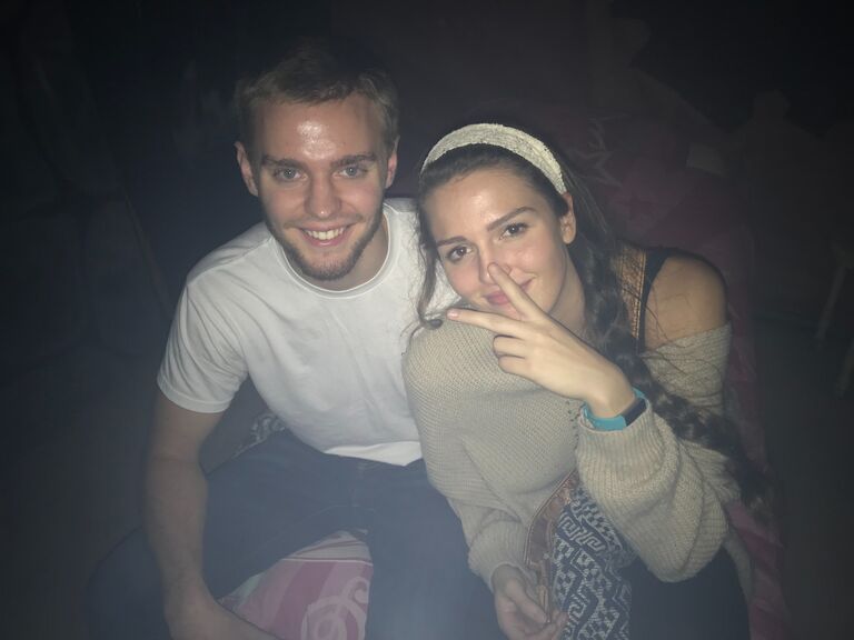 First photo together - Jake and Alex were at a Haunted House with a group of friends.