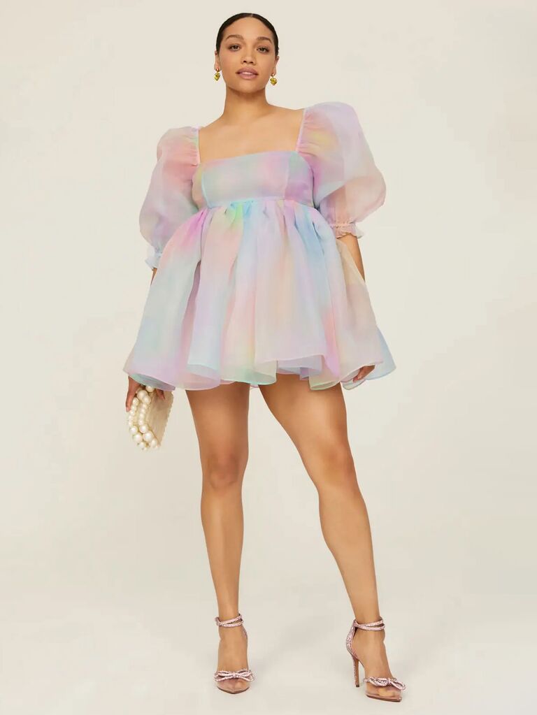 Rent the Runway pastel beach wedding guest dress with puffy midi skirt