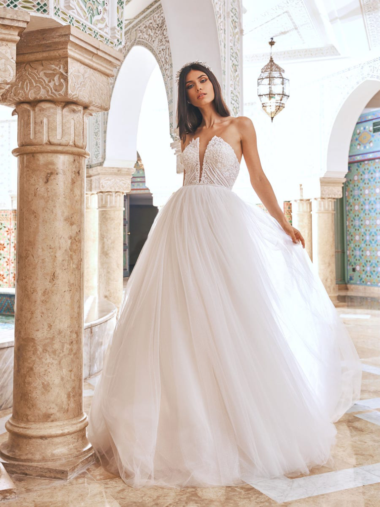 Strapless ball gown with beaded bodice and tulle skirt