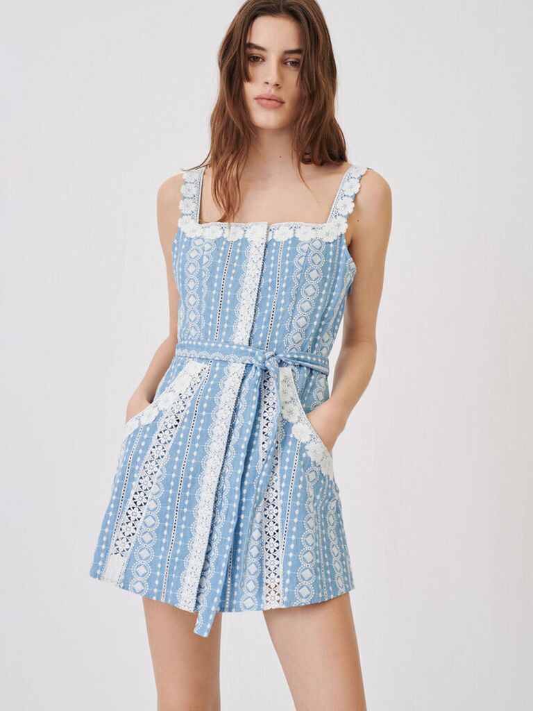 maje light blue and white bridal romper with lace trim and lace stripes square neckline thick straps tied waist and pockets