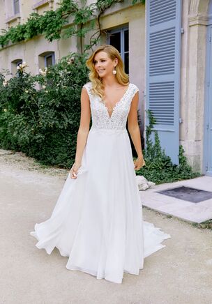 Chiffon A Line with Cap Sleeves and Beaded Lace Appliques