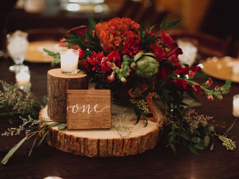 Rustic Wintry Red Centerpiece on Wooden Pedestal