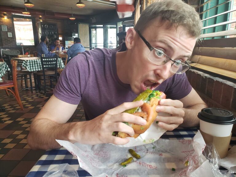 Matt eating a Chicago dog for the first time!