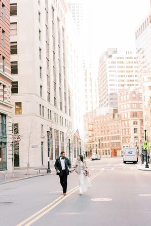 elopement massachusetts downtown boston running couple during