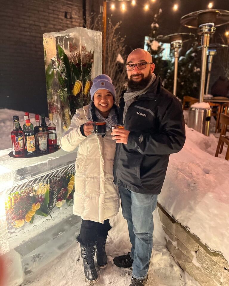 Here we are at Rosalia's Ice Bar in Minneapolis, enjoying the cold.