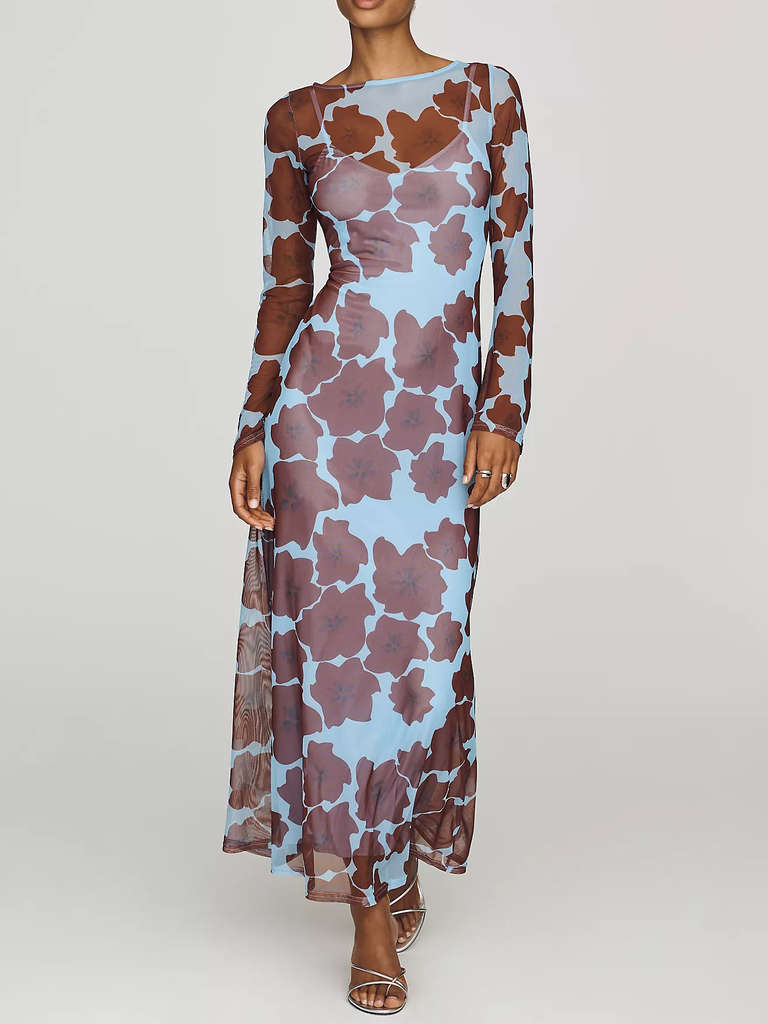 Anthropologie blue and brown maxi rehearsal dinner bridesmaid dress