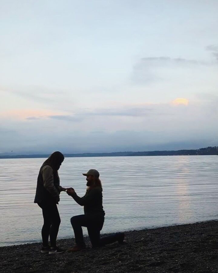 At sunset on Owen Beach in Point Defiance Park... He proposed! 