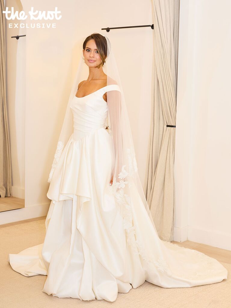 Kelsey Anderson in an off-the-shoulder ball gown wedding dress