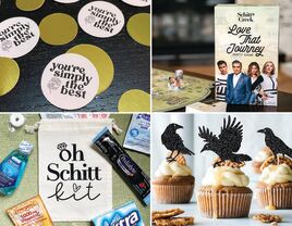 Four Schitt's Creek bachelorette party ideas: "simply the best" confetti, Schitt's Creek game, crow cupcake toppers, Schitt's Creek hangover kit