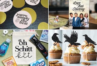 Four Schitt's Creek bachelorette party ideas: "simply the best" confetti, Schitt's Creek game, crow cupcake toppers, Schitt's Creek hangover kit