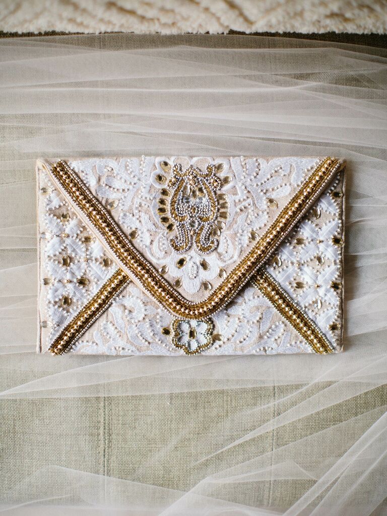 lace wedding clutch with gold beading and embroidery