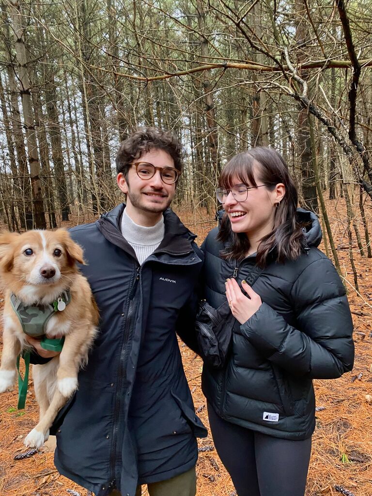 Celebrating our eighth anniversary on a trail with Winston, Conner pops the question. 💍