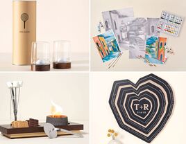 Collage of four anniversary gift ideas from The Knot and Uncommon Goods