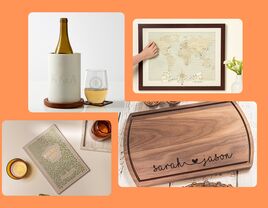 Collage of four anniversary gift ideas for couples who have everything