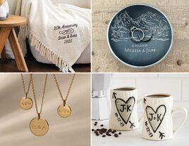 Collage of 4 personalized anniversary gifts: blanket, ring dish, coffee mugs, necklaces