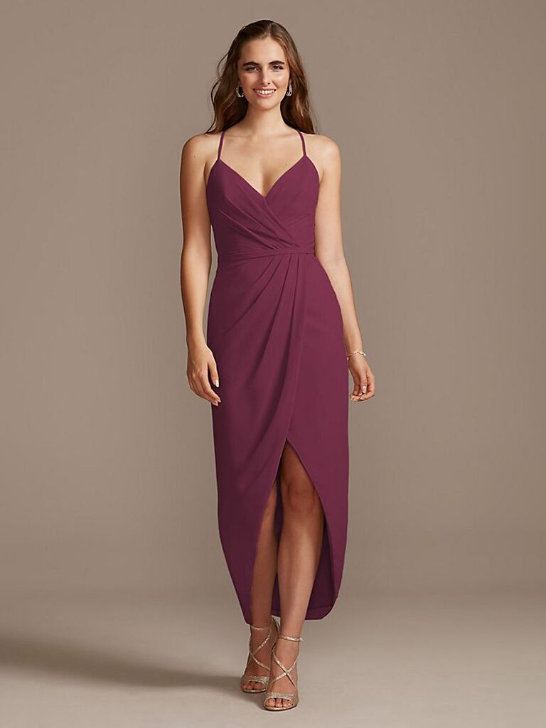 Faux Wrap Criss Cross Back Maxi Bridesmaid Dress With Adjustable