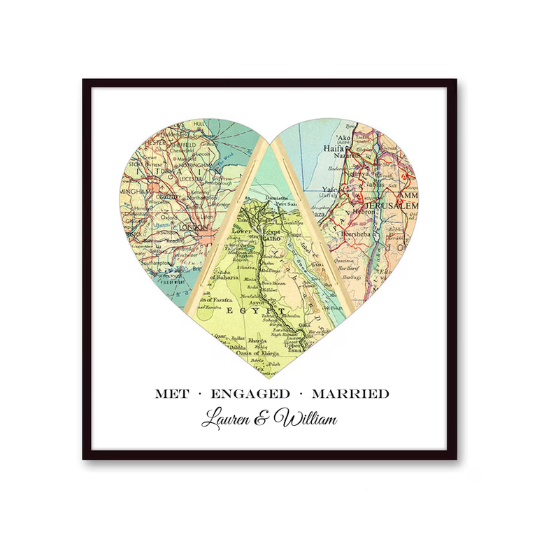 Personalized map heart art, unique wedding gifts under $100