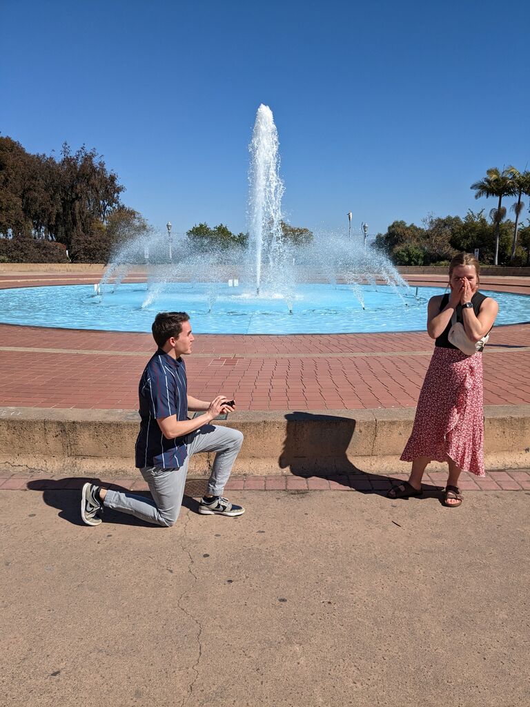 Since Maggie was suspicious that a proposal was coming soon, I had to figure out how to keep it a surprise. So while Maggie was on her senior-year choir tour in California, I flew out to San Diego to surprise her. Thanks to the help of a few of Maggie's family members, the proposal was a success and we enjoyed the next few days in California together. 