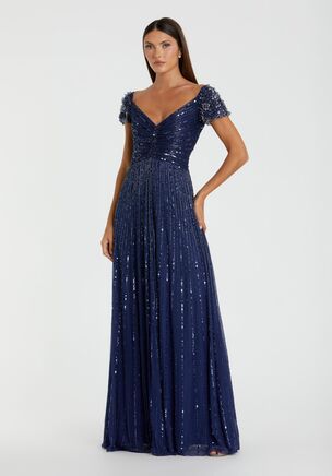 Radiate timeless glamour in this embellished evening gown. Featuring a gathered v-neckline, jeweled cap sleeves, and a cinched bodice, it's the perfect dress for black-tie events and formal occasions.
