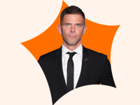 Saturday Night Live star Mikey Day on top of orange graphic and light orange background
