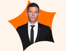 Saturday Night Live star Mikey Day on top of orange graphic and light orange background