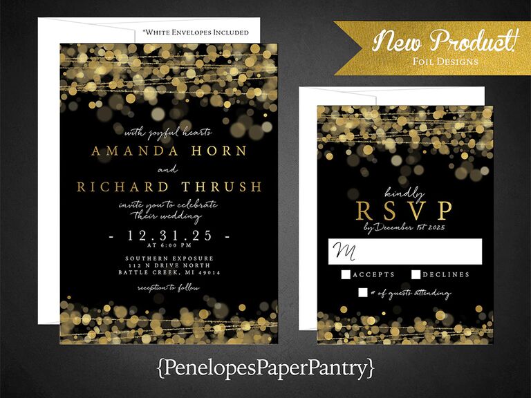 Gold bubble design on top and bottom borders with event details in white and gold on black background