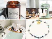 Four wedding gifts for a best friend: scented candle, electric mixer, friendship bracelet, bath caddy
