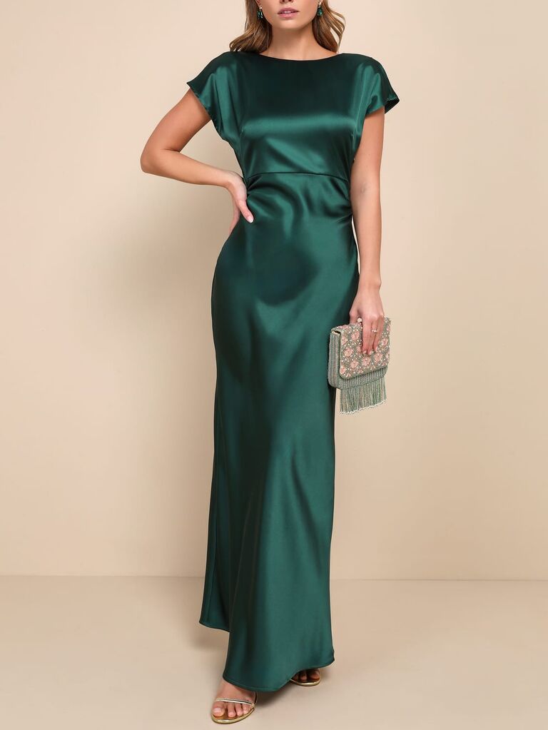 Green Lulus cap sleeve cowl back wedding guest dress